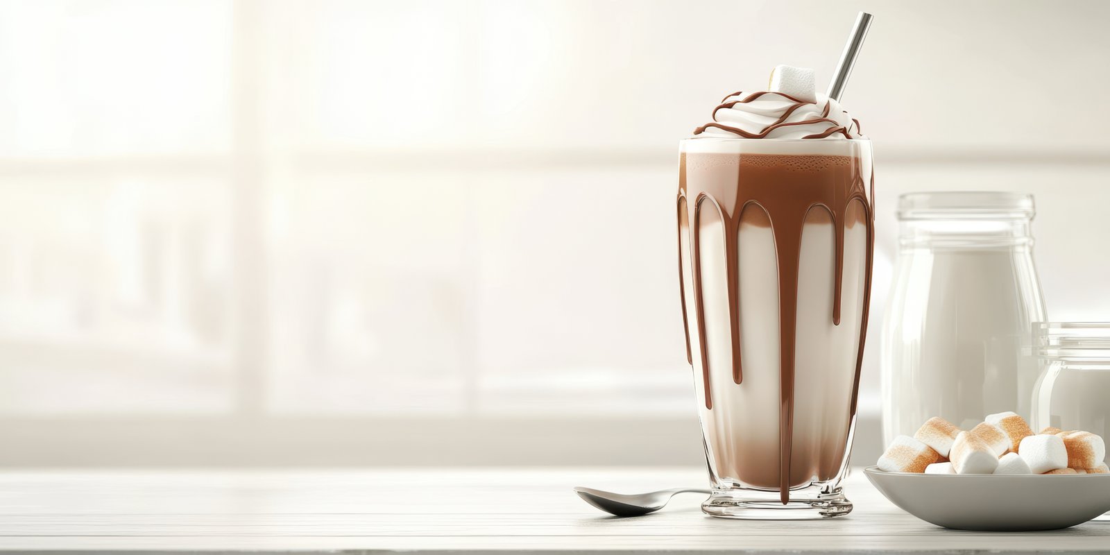 Creamy chocolate milkshake served with fresh milk and marshmallows in a cozy cafe setting